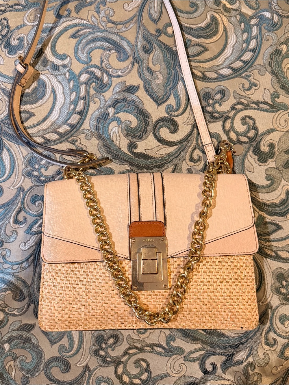 Aldo Blush Pink Woven Crossbody with Gold Chain